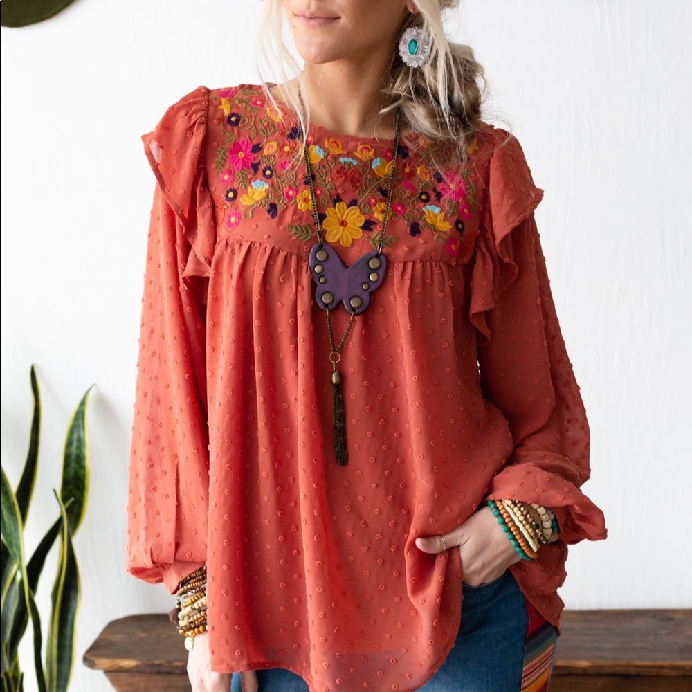 Three Bird Nest Athena Swiss Dot Chiffon Top - Orange